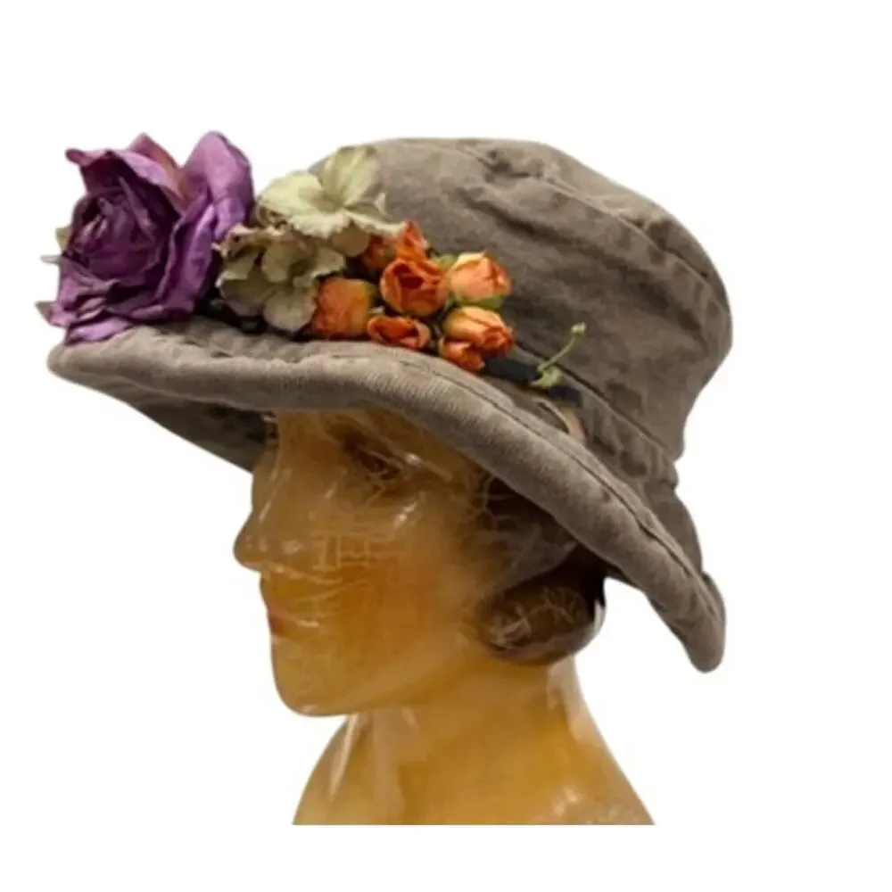 🌸 VTG 80s–90s Corduroy Garden Party Hat Floral Trim